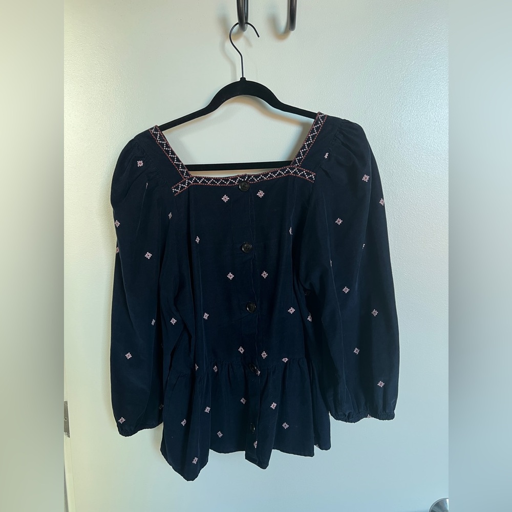 Madewell Embroidered Corduroy Button Back Peplum Top - Picture 4 of 6